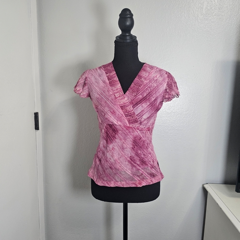 Pink Short-Sleeve V-Neck Wrap Blouse